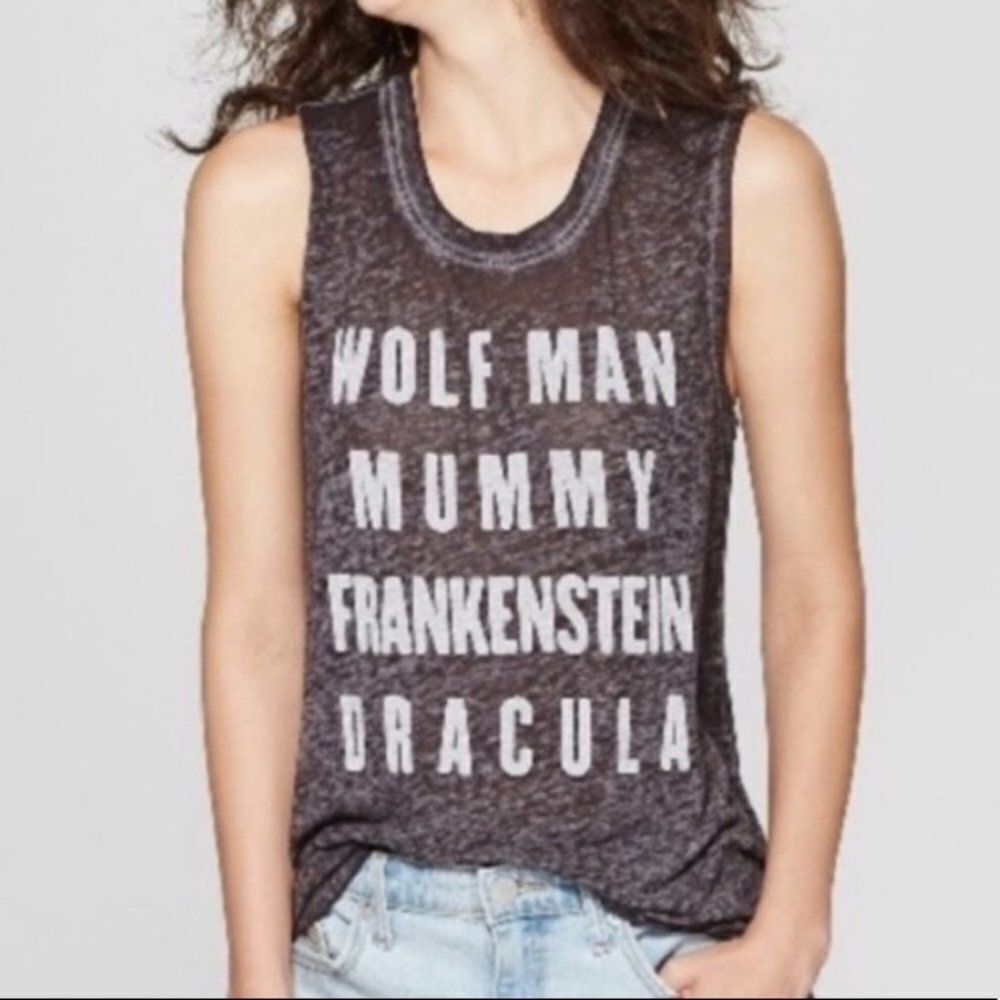 Halloween Monster Names Spellout Gray and White Burnout Muscle Tee Tank Top